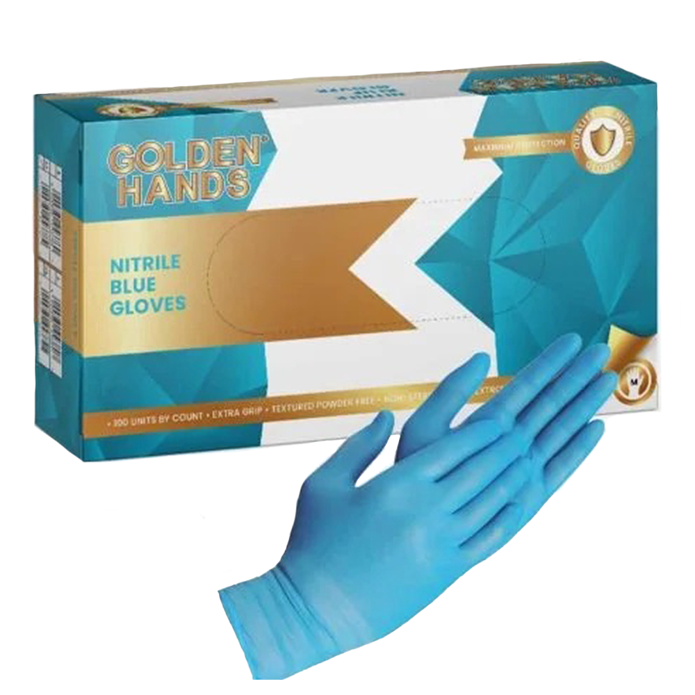 Golden Hands Blue Nitrile Gloves Powdered - Large
